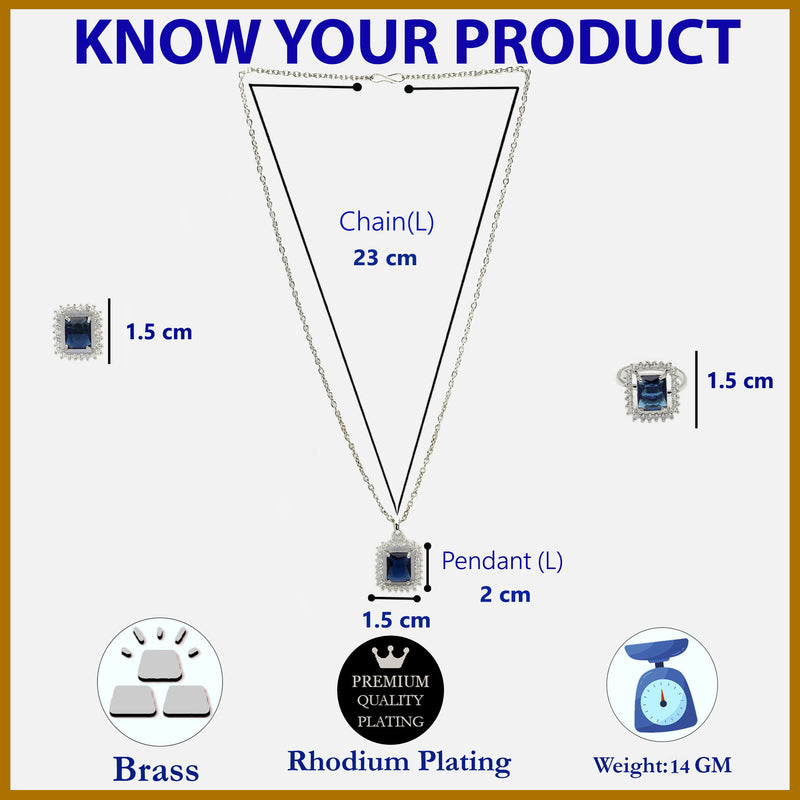 Rhodium Plated Silver Toned Square Shaped Royal Blue American Diamond Studded Pendant Combo With Ring