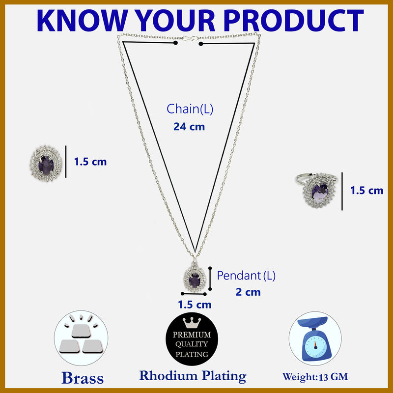 Rhodium Plated Silver Toned Oval Shaped Violet American Diamond Studded Pendant Combo With Ring