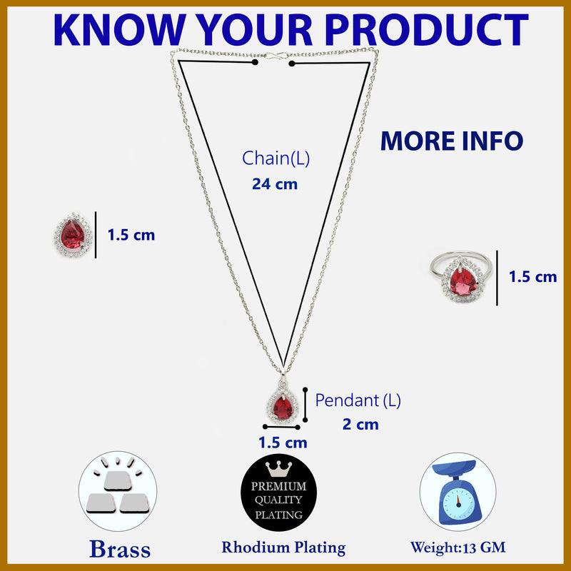 Rhodium Plated Silver Toned Tear Dropped Shaped Ruby Red American Diamond Studded Pendant Combo With Ring