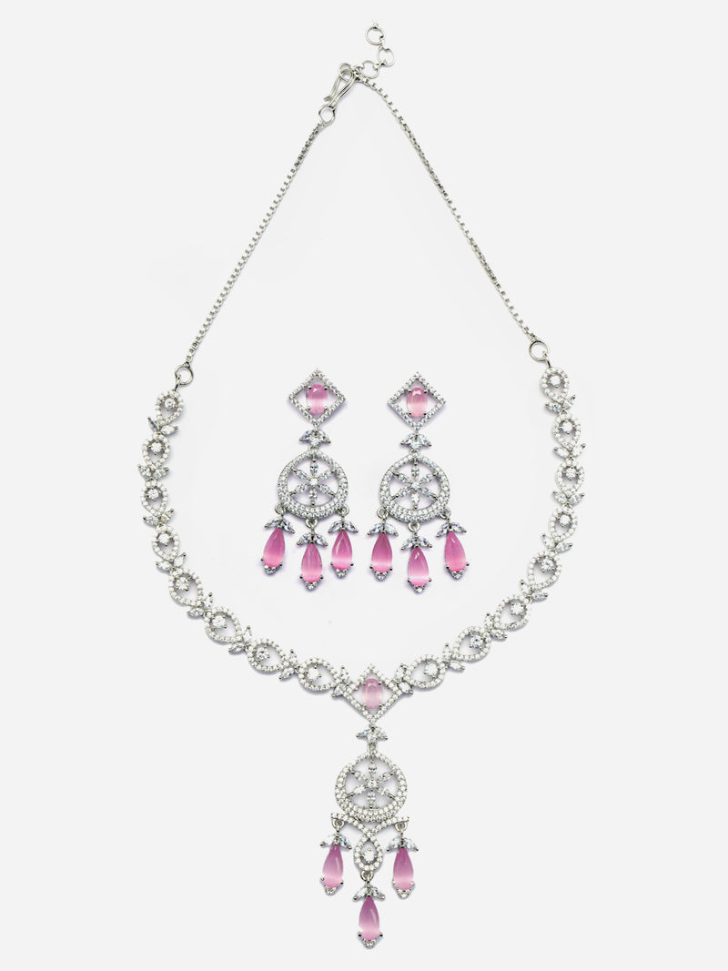 Rhodium-Plated Pink Baguette Teardrops American Diamonds Studded Necklace & Earrings Jewellery Set