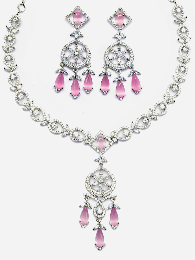 Rhodium-Plated Pink Baguette Teardrops American Diamonds Studded Necklace & Earrings Jewellery Set