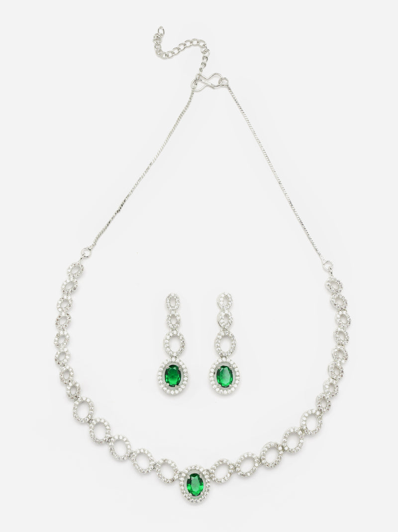 Rhodium-Plated Green American Diamonds Studded Ovate Shaped Necklace & Earrings Jewellery Set