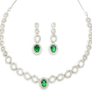 Rhodium-Plated Green American Diamonds Studded Ovate Shaped Necklace & Earrings Jewellery Set