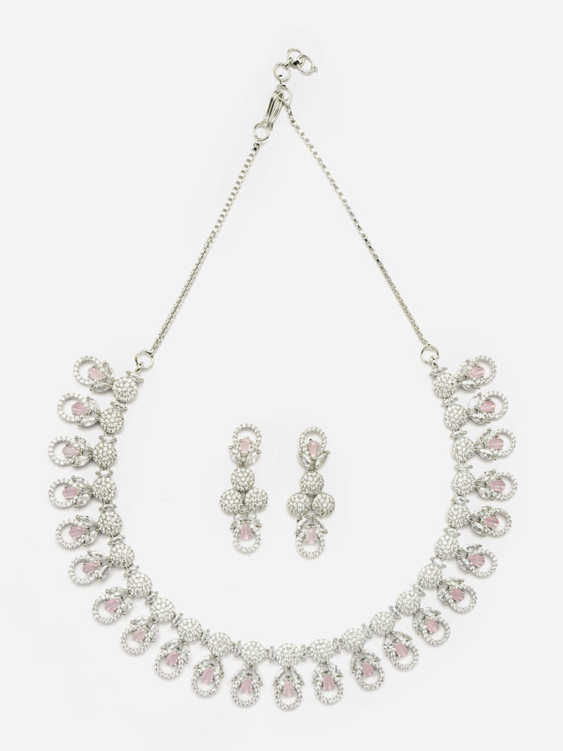 Rhodium-Plated Pink American Diamonds Studded Voguish Necklace & Earrings Jewellery Set