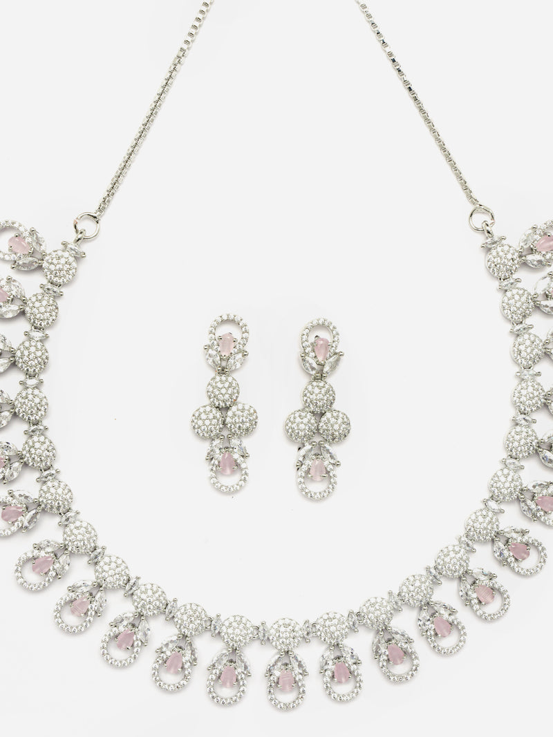 Rhodium-Plated Pink American Diamonds Studded Voguish Necklace & Earrings Jewellery Set