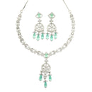 Rhodium-Plated Sea Green Baguette Teardrops American Diamonds Studded Necklace & Earrings Jewellery Set