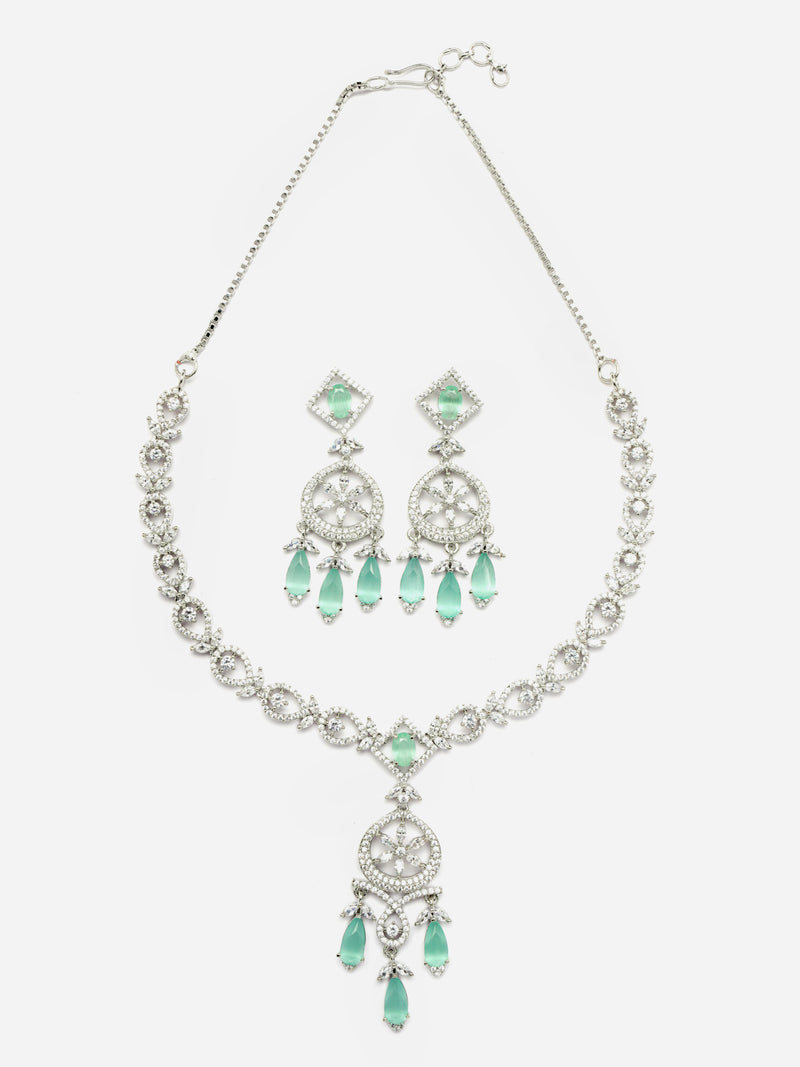 Rhodium-Plated Sea Green Baguette Teardrops American Diamonds Studded Necklace & Earrings Jewellery Set