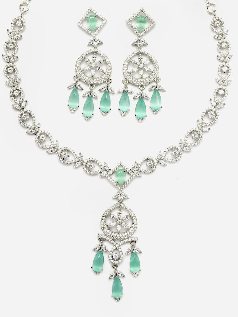 Rhodium-Plated Sea Green Baguette Teardrops American Diamonds Studded Necklace & Earrings Jewellery Set