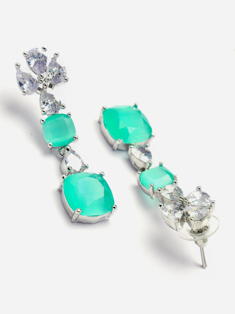 Rhodium-Plated Sea Green Square American Diamonds Studded Pendulous Necklace & Earrings Jewellery Set