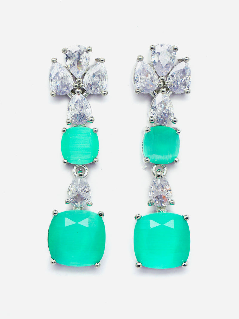 Rhodium-Plated Sea Green Square American Diamonds Studded Pendulous Necklace & Earrings Jewellery Set