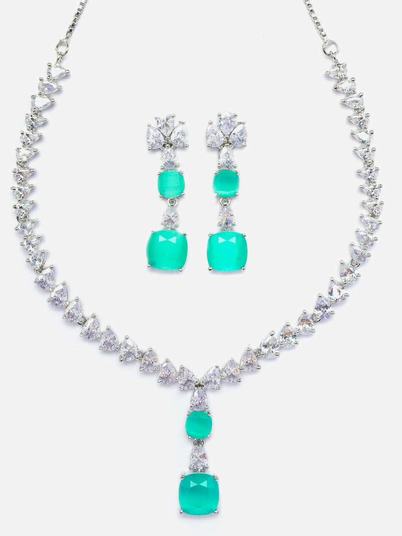 Rhodium-Plated Sea Green Square American Diamonds Studded Pendulous Necklace & Earrings Jewellery Set