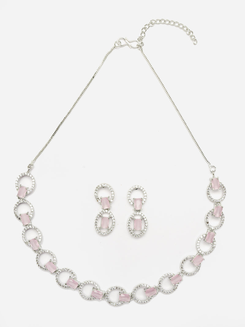 Rhodium-Plated Pink American Diamond Studded Disc-Shaped Necklace & Earrings Jewellery Set