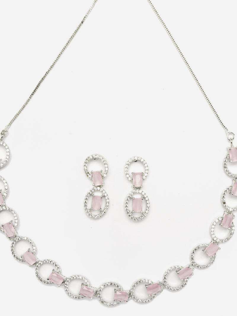 Rhodium-Plated Pink American Diamond Studded Disc-Shaped Necklace & Earrings Jewellery Set