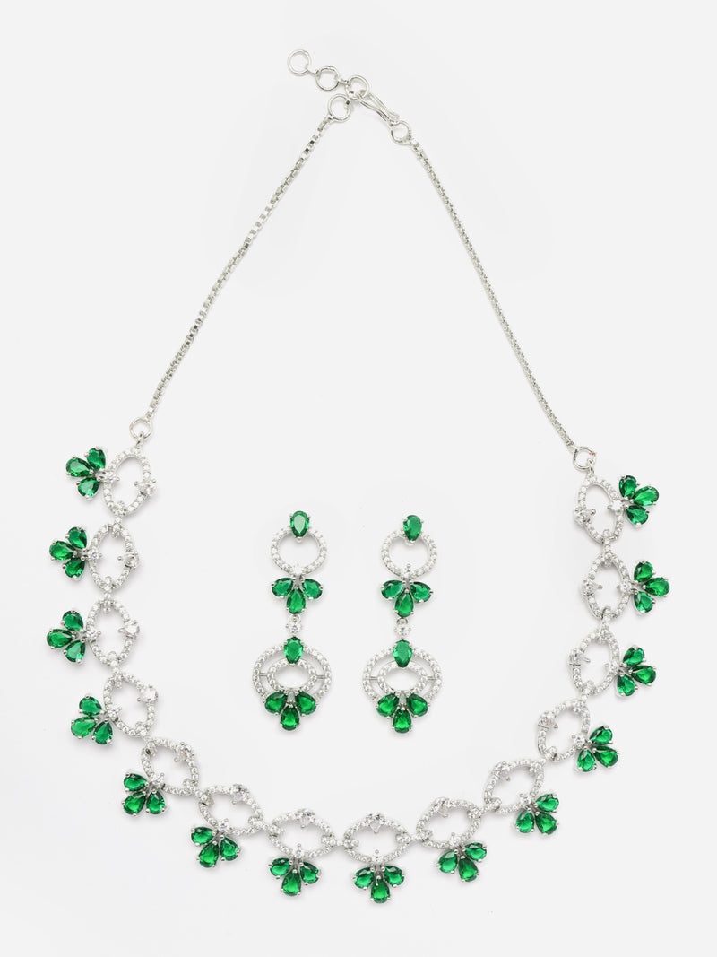 Rhodium-Plated Green Oval American Diamond Studded Circular Shaped Necklace & Earrings Jewellery Set