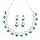 Rhodium-Plated Green Oval American Diamond Studded Circular Shaped Necklace & Earrings Jewellery Set