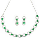 Rhodium-Plated Green American Diamond Studded Disc-Shaped Necklace & Earrings Jewellery Set