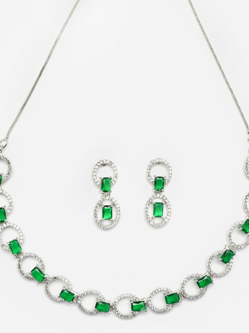 Rhodium-Plated Green American Diamond Studded Disc-Shaped Necklace & Earrings Jewellery Set