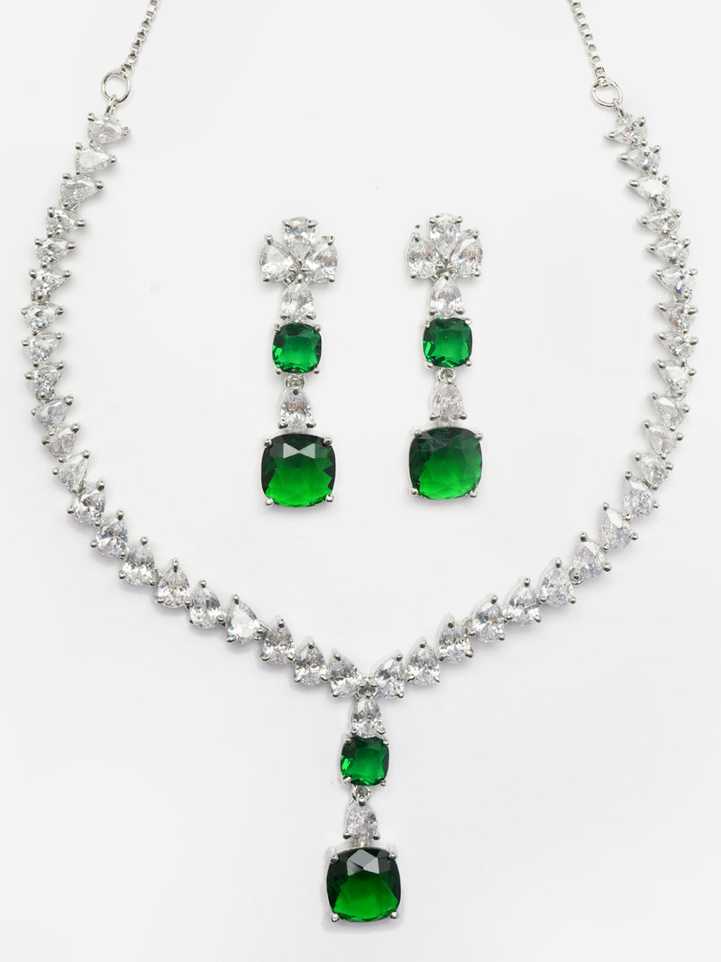 Rhodium-Plated Green Square American Diamonds Studded Pendulous Necklace & Earrings Jewellery Set