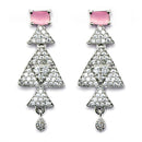 Rhodium-Plated Sea Green & Pink American Diamond Studded Triangular Design Necklace & Earrings Jewellery Set