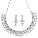 Rhodium-Plated Sea Green & Pink American Diamond Studded Triangular Design Necklace & Earrings Jewellery Set
