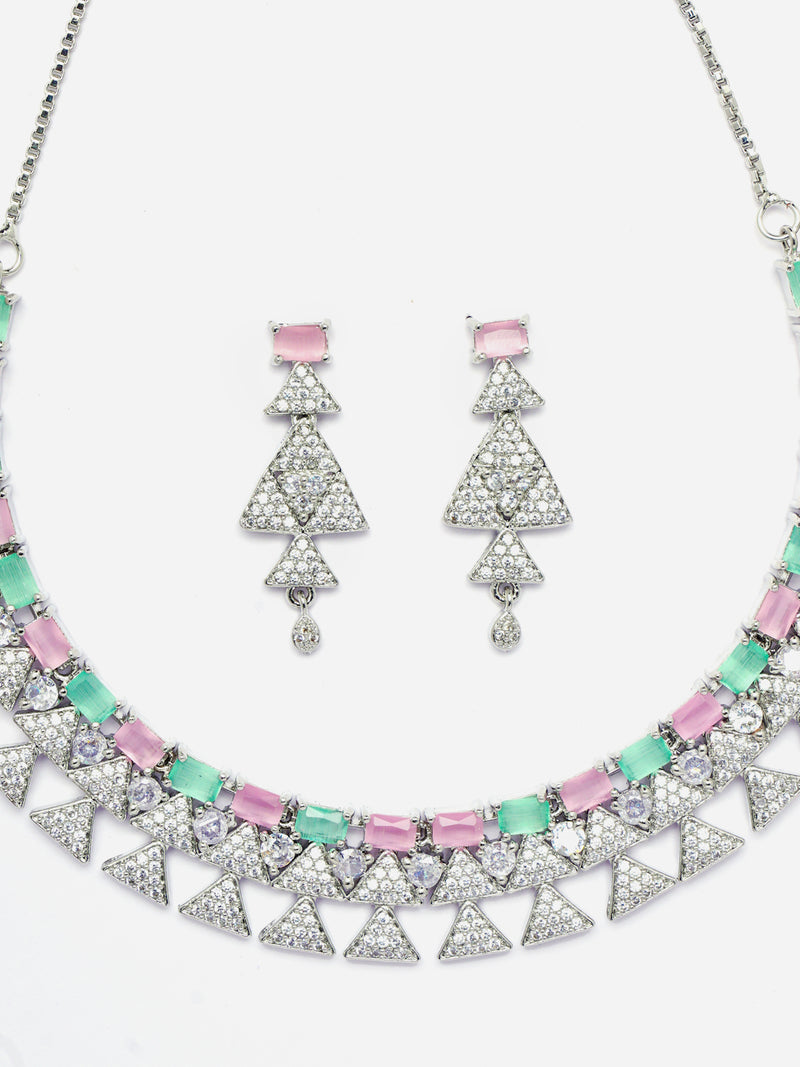 Rhodium-Plated Sea Green & Pink American Diamond Studded Triangular Design Necklace & Earrings Jewellery Set