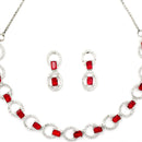 Rhodium-Plated Red American Diamond Studded Disc-Shaped Necklace & Earrings Jewellery Set