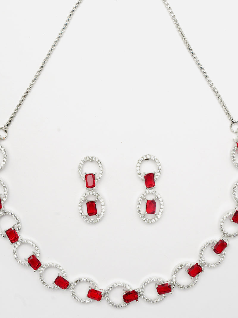 Rhodium-Plated Red American Diamond Studded Disc-Shaped Necklace & Earrings Jewellery Set
