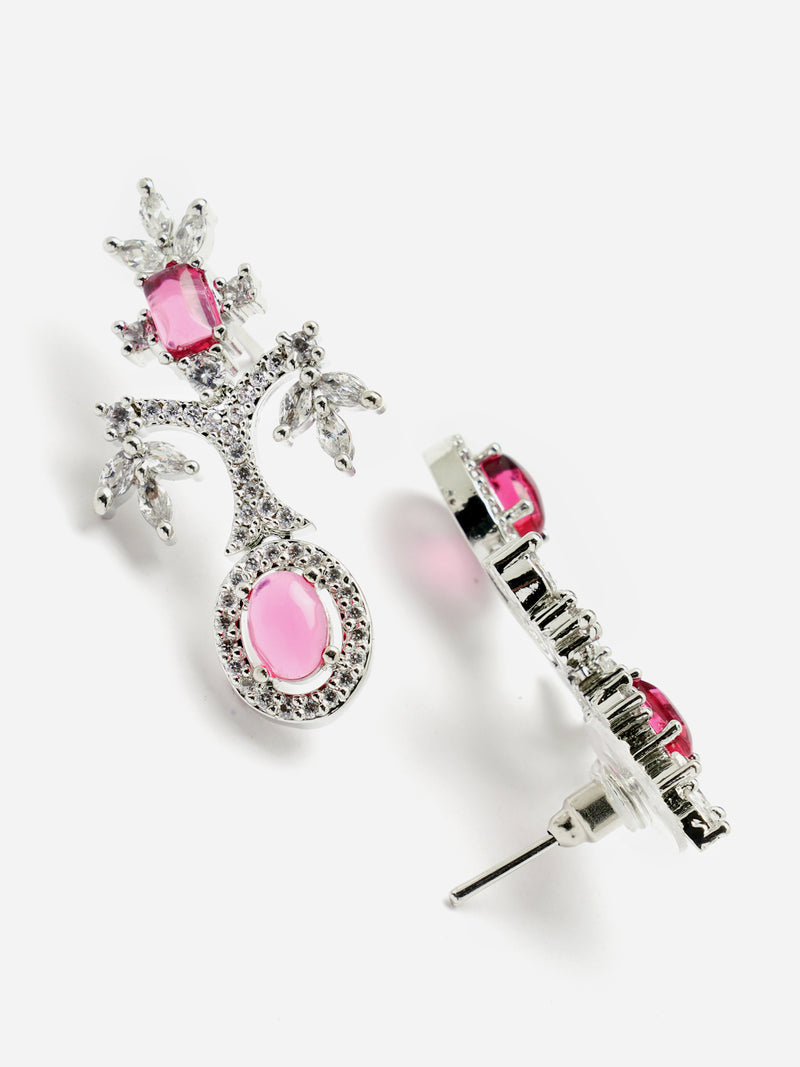 Rhodium-Plated Red American Diamond Studded Designer Necklace & Earrings Jewellery Set