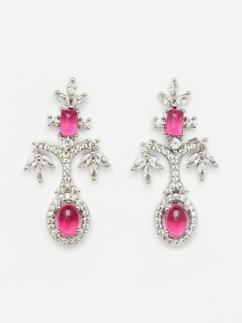 Rhodium-Plated Red American Diamond Studded Designer Necklace & Earrings Jewellery Set