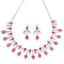 Rhodium-Plated Red American Diamond Studded Designer Necklace & Earrings Jewellery Set