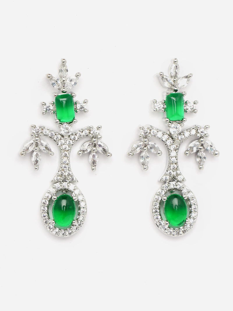 Rhodium-Plated Green American Diamond Studded Designer Necklace & Earrings Jewellery Set