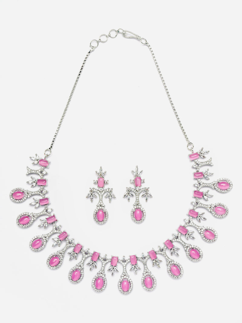 Rhodium-Plated Pink American Diamond Studded Designer Necklace & Earrings Jewellery Set