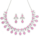 Rhodium-Plated Pink American Diamond Studded Designer Necklace & Earrings Jewellery Set