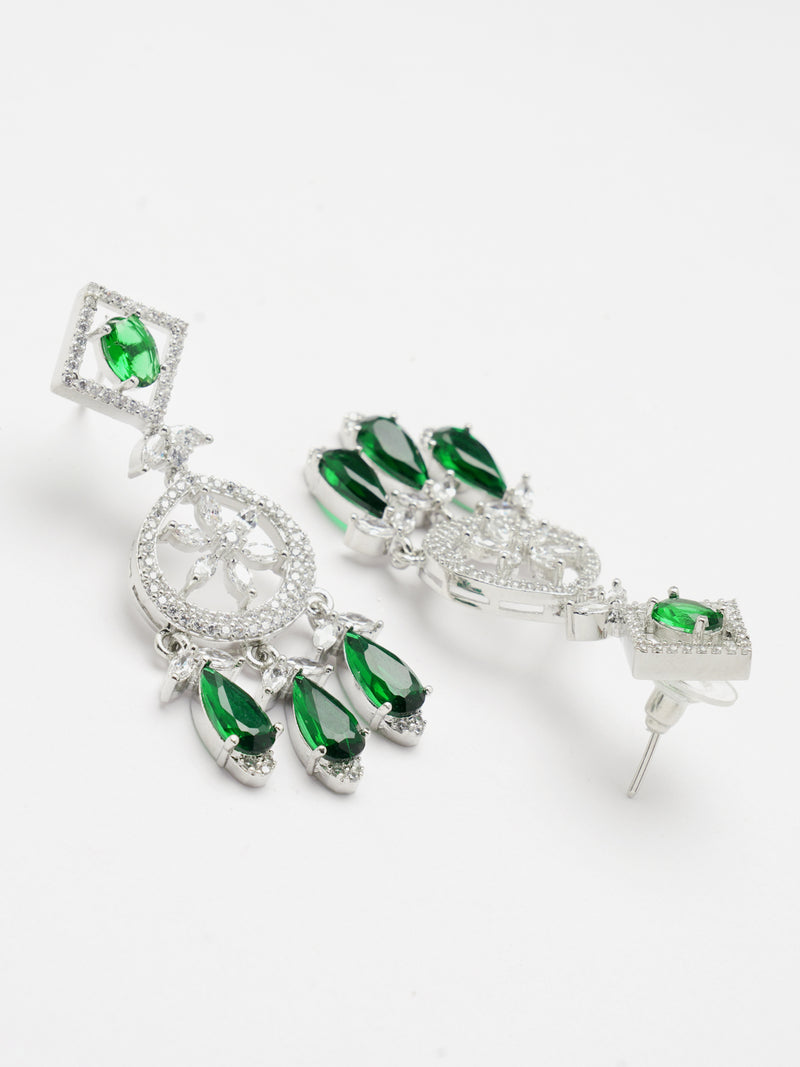 Rhodium-Plated Green Baguette Teardrops American Diamonds Studded Necklace & Earrings Jewellery Set