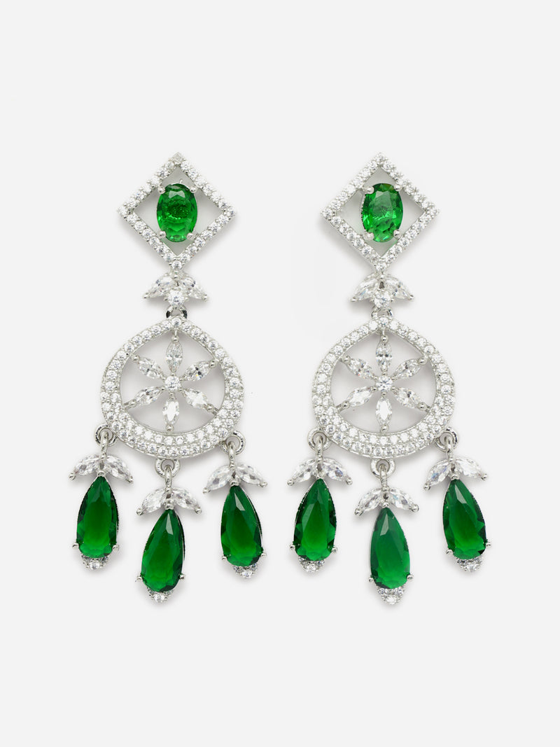 Rhodium-Plated Green Baguette Teardrops American Diamonds Studded Necklace & Earrings Jewellery Set