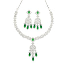 Rhodium-Plated Green Baguette Teardrops American Diamonds Studded Necklace & Earrings Jewellery Set