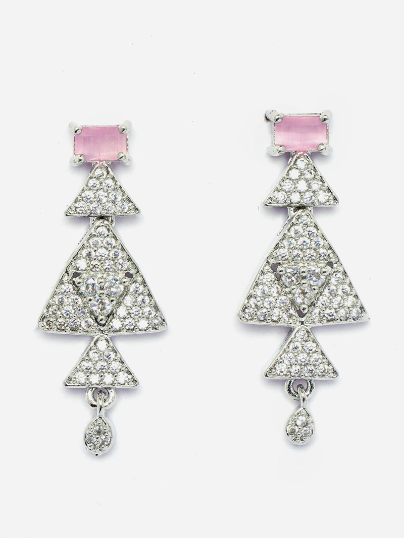 Rhodium-Plated Pink American Diamond Studded Triangular Design Necklace & Earrings Jewellery Set