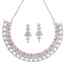 Rhodium-Plated Pink American Diamond Studded Triangular Design Necklace & Earrings Jewellery Set