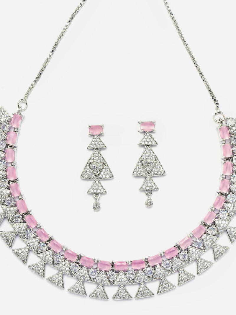 Rhodium-Plated Pink American Diamond Studded Triangular Design Necklace & Earrings Jewellery Set