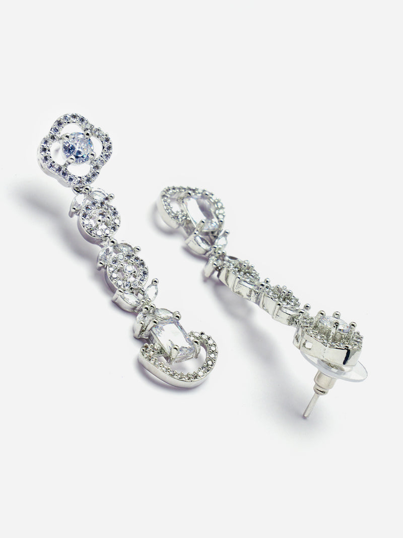 Rhodium-Plated White American Diamond Studded Floral Tasselled Necklace & Earrings Jewellery Set