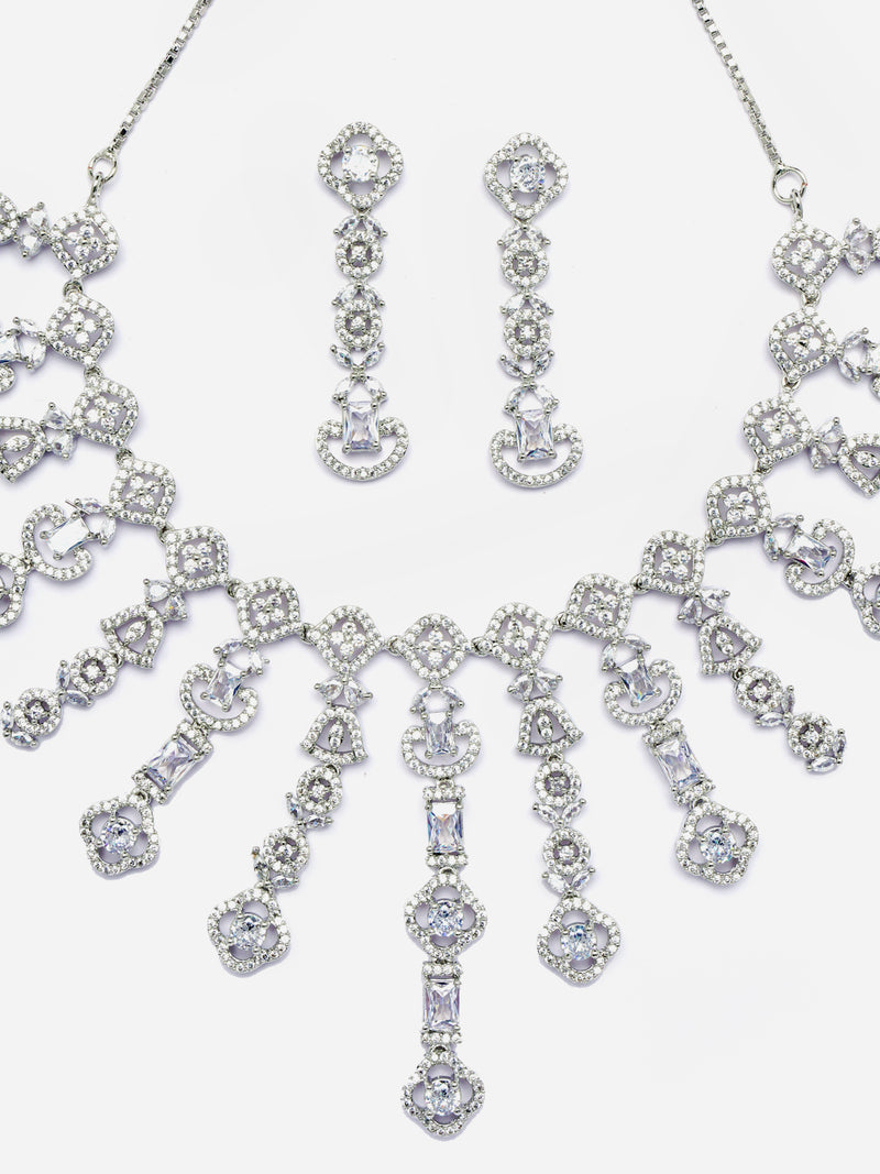 Rhodium-Plated White American Diamond Studded Floral Tasselled Necklace & Earrings Jewellery Set