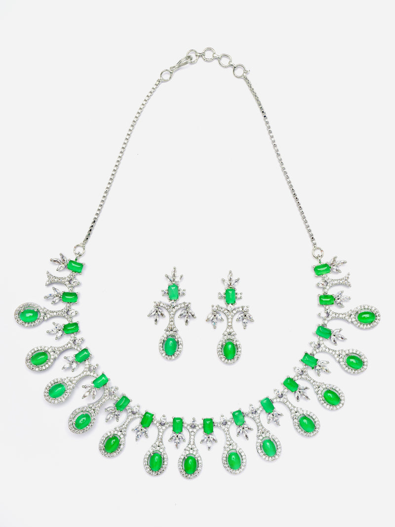 Rhodium-Plated Lime Green American Diamond Studded Designer Necklace & Earrings Jewellery Set