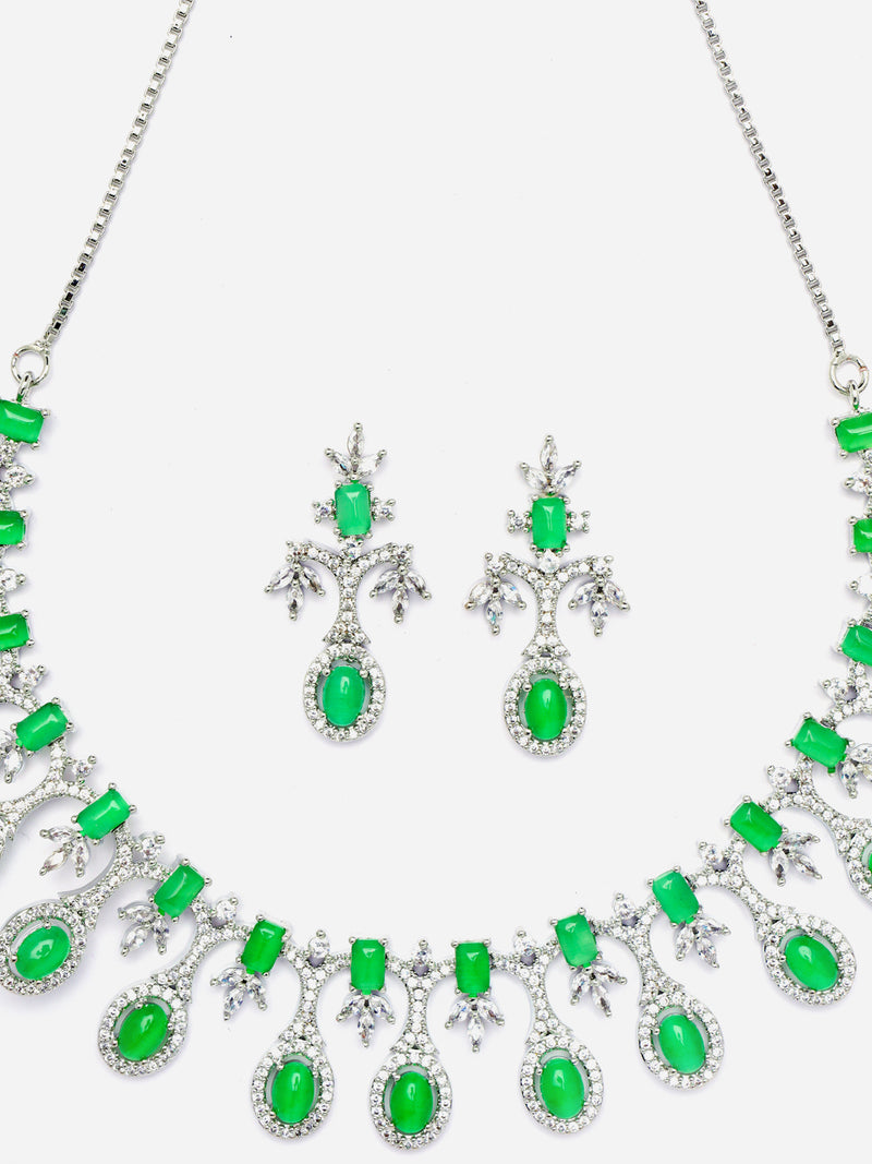 Rhodium-Plated Lime Green American Diamond Studded Designer Necklace & Earrings Jewellery Set