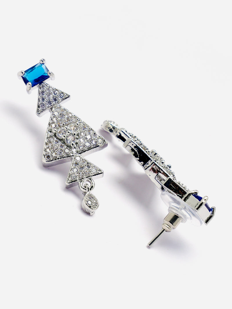 Rhodium-Plated Navy Blue American Diamond Studded Triangular Design Necklace & Earrings Jewellery Set
