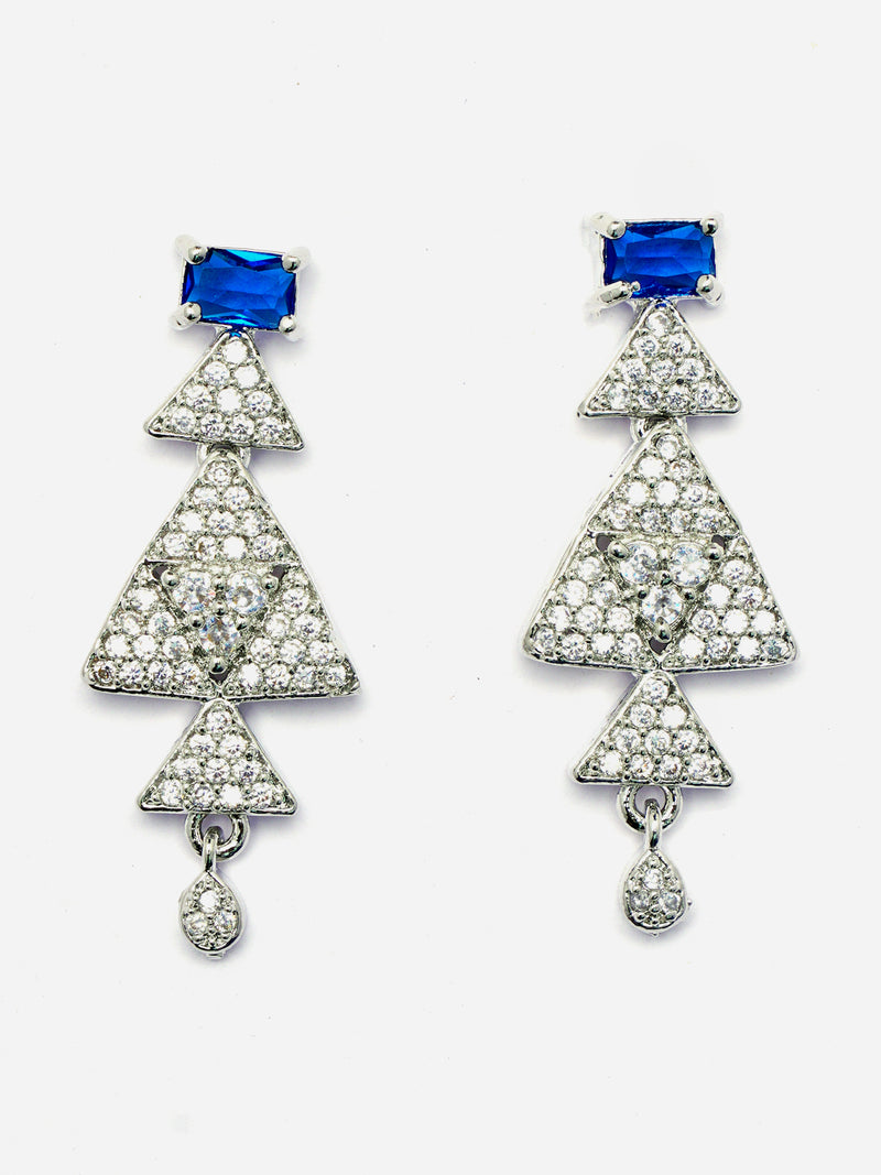 Rhodium-Plated Navy Blue American Diamond Studded Triangular Design Necklace & Earrings Jewellery Set