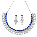 Rhodium-Plated Navy Blue American Diamond Studded Triangular Design Necklace & Earrings Jewellery Set