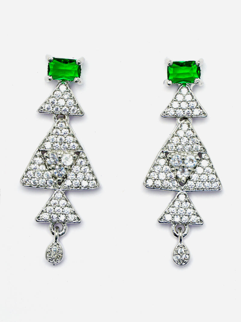 Rhodium-Plated Green American Diamond Studded Triangular Design Necklace & Earrings Jewellery Set