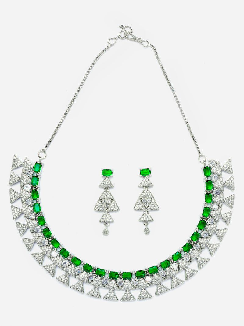 Rhodium-Plated Green American Diamond Studded Triangular Design Necklace & Earrings Jewellery Set