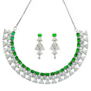 Rhodium-Plated Green American Diamond Studded Triangular Design Necklace & Earrings Jewellery Set