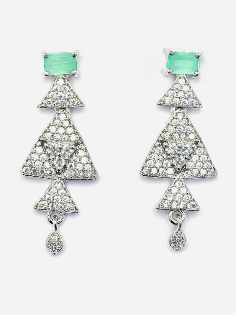 Rhodium-Plated Sea Green American Diamond Studded Triangular Design Necklace & Earrings Jewellery Set